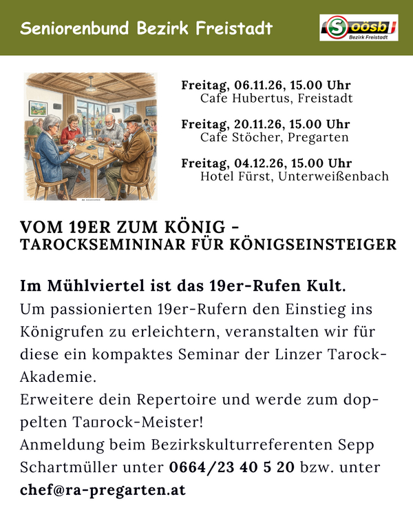 Plakat zum Tarockseminar - vom 19er zum Königsrufen